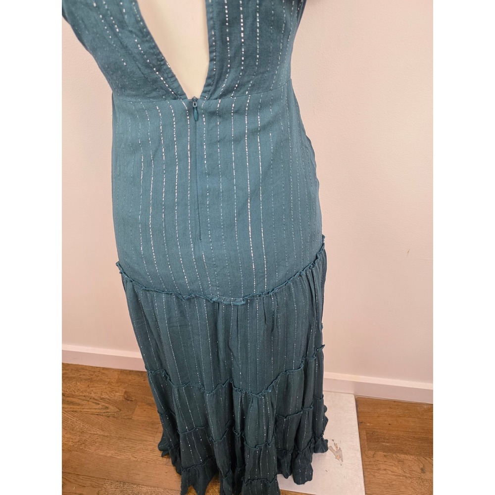 Cleobella Teal Green Metallic Silver Pinstripe Tiered Maxi Dress XS Open Back - Picture 6 of 9